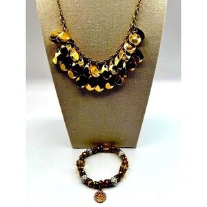 Gold Tone Necklace & Beaded Bracelet Set With Tree Of Life Charm